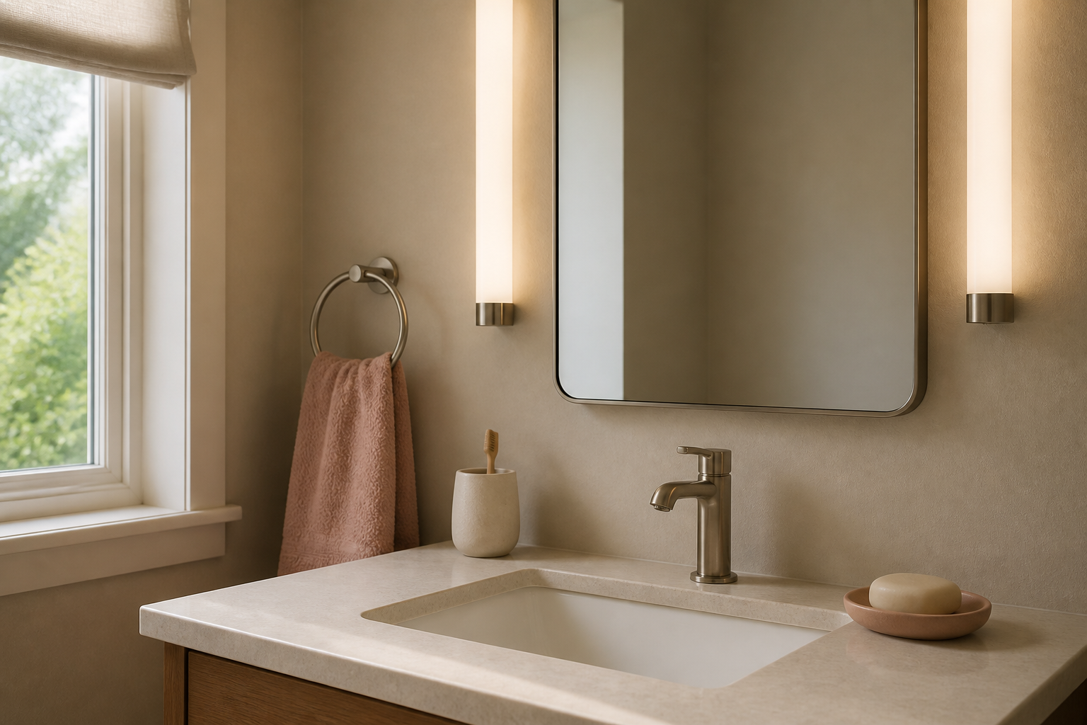 A small bathroom using wall hooks, a slim shelf, folded towels, and a narrow hanging organizer for vertical storage.
