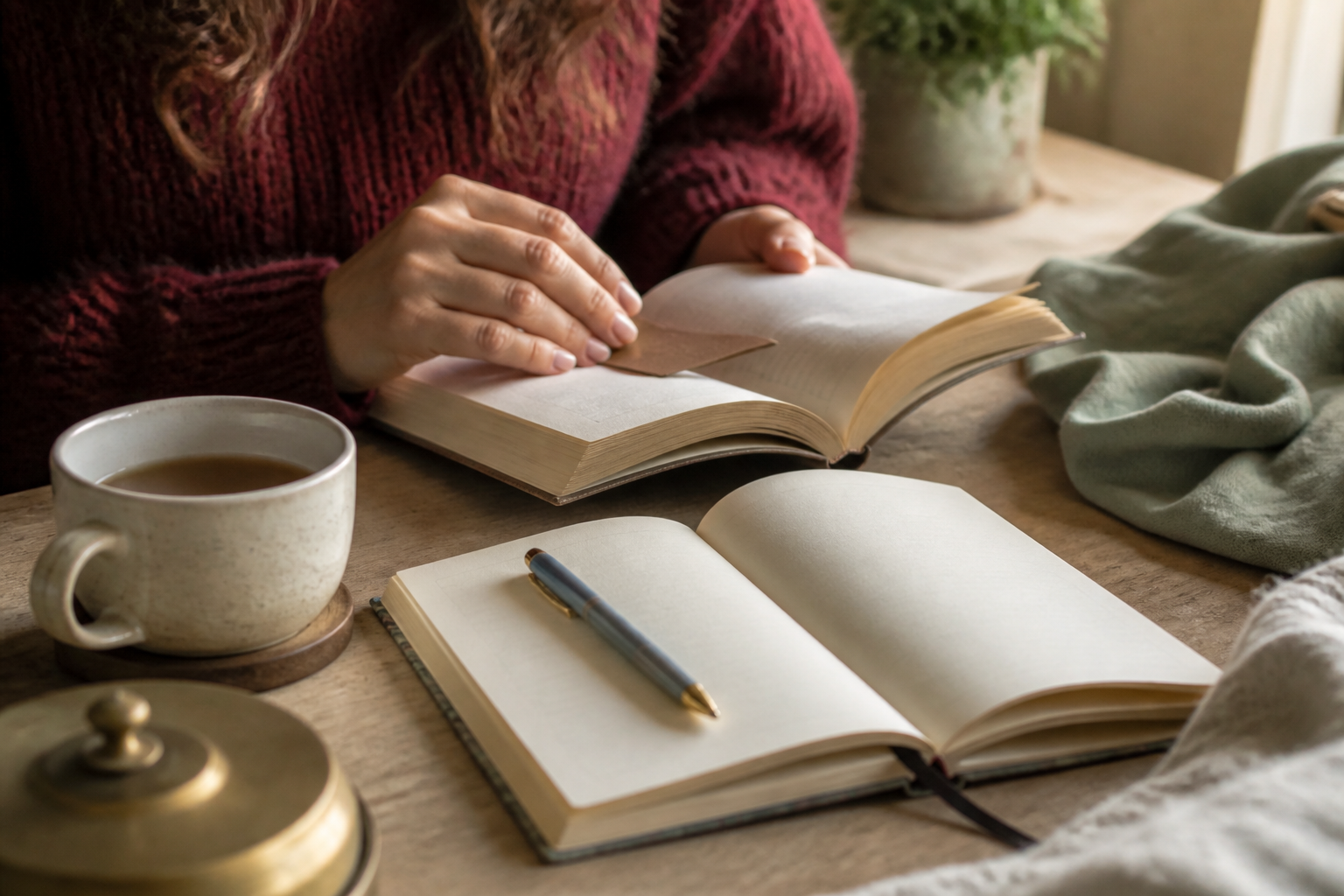An open book beside a reading journal, bookmark, pen, and warm drink during a quiet reading moment.