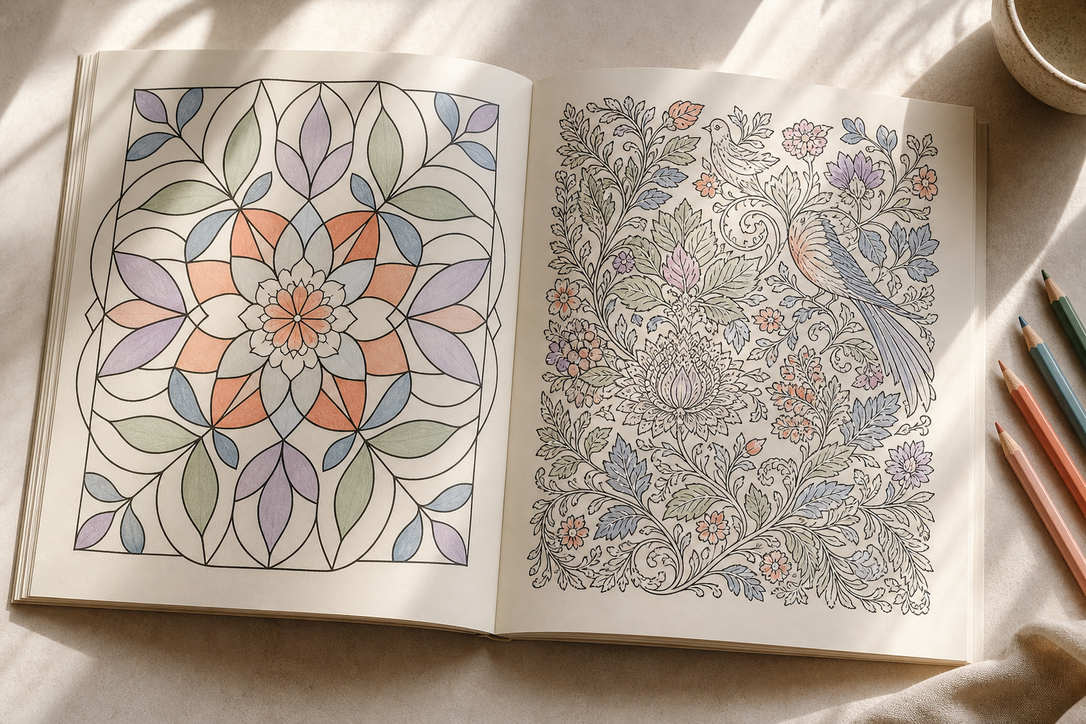 An adult enjoying a bold, easy-to-color design at a comfortable table.