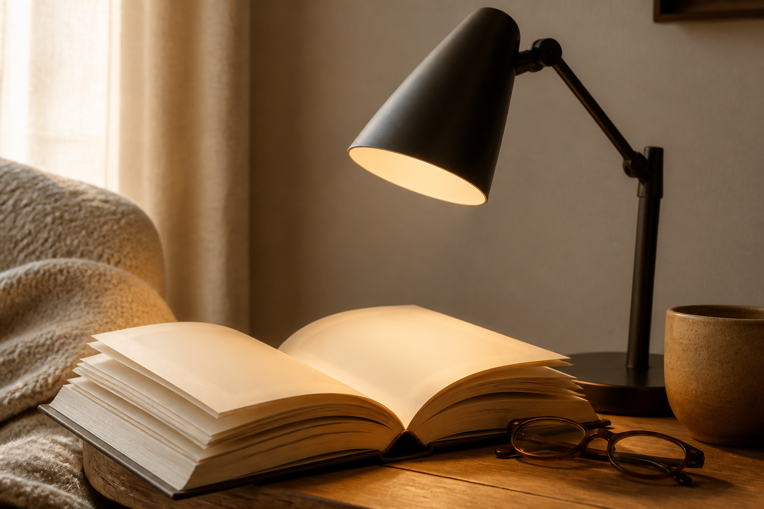 A compact reading setup with a comfortable chair, directional lamp, small table, and current book.