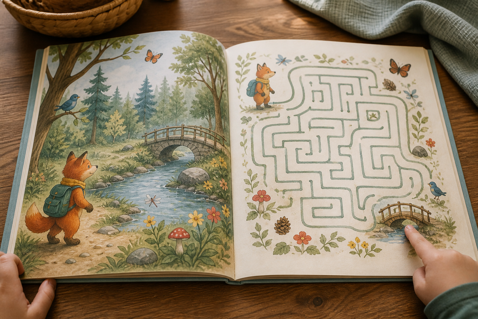 A children’s activity-book spread connecting a simple character adventure with a maze.