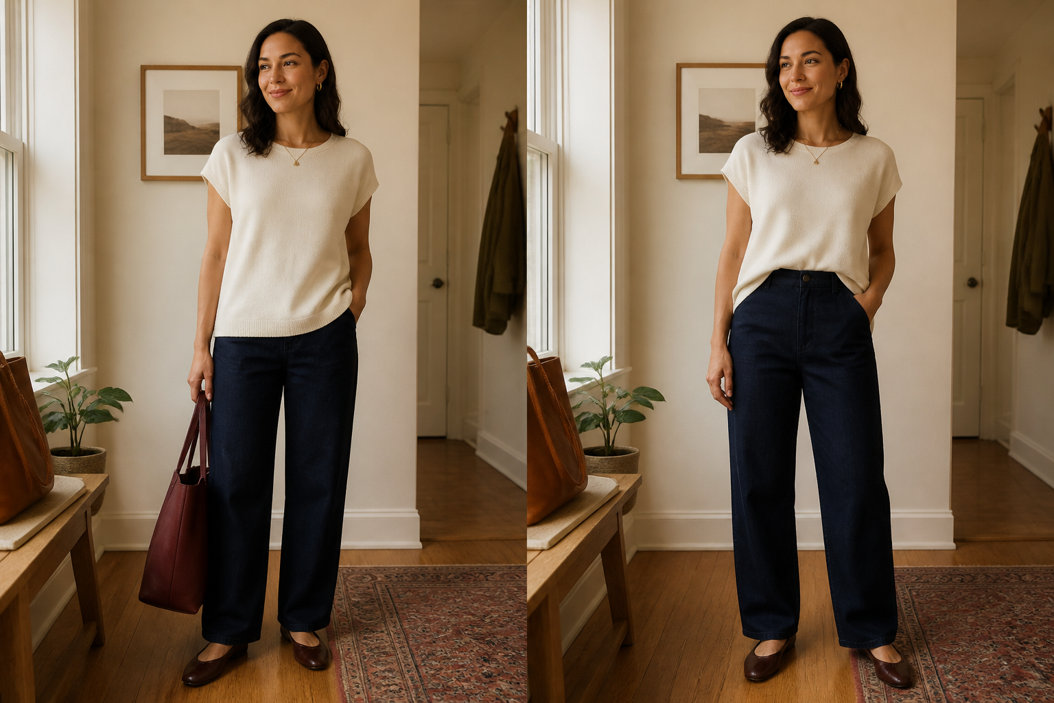 The same everyday outfit styled two subtly different ways to show how a small change in proportion can alter the overall balance.