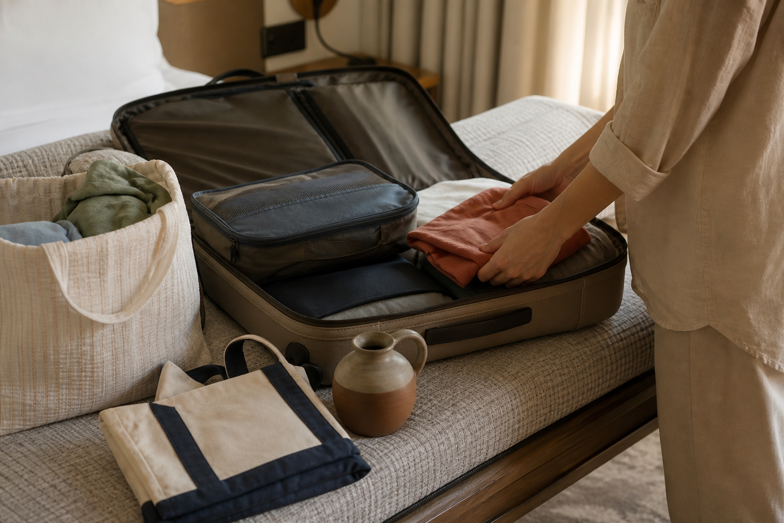 An open suitcase being repacked with a laundry bag, packing cubes, a foldable tote, and a few small souvenirs.