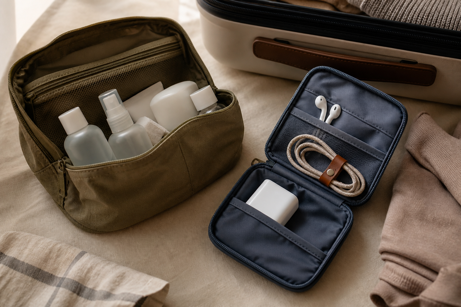 A compact toiletry bag and tech pouch keeping travel bottles, cables, earbuds, and a charger together.