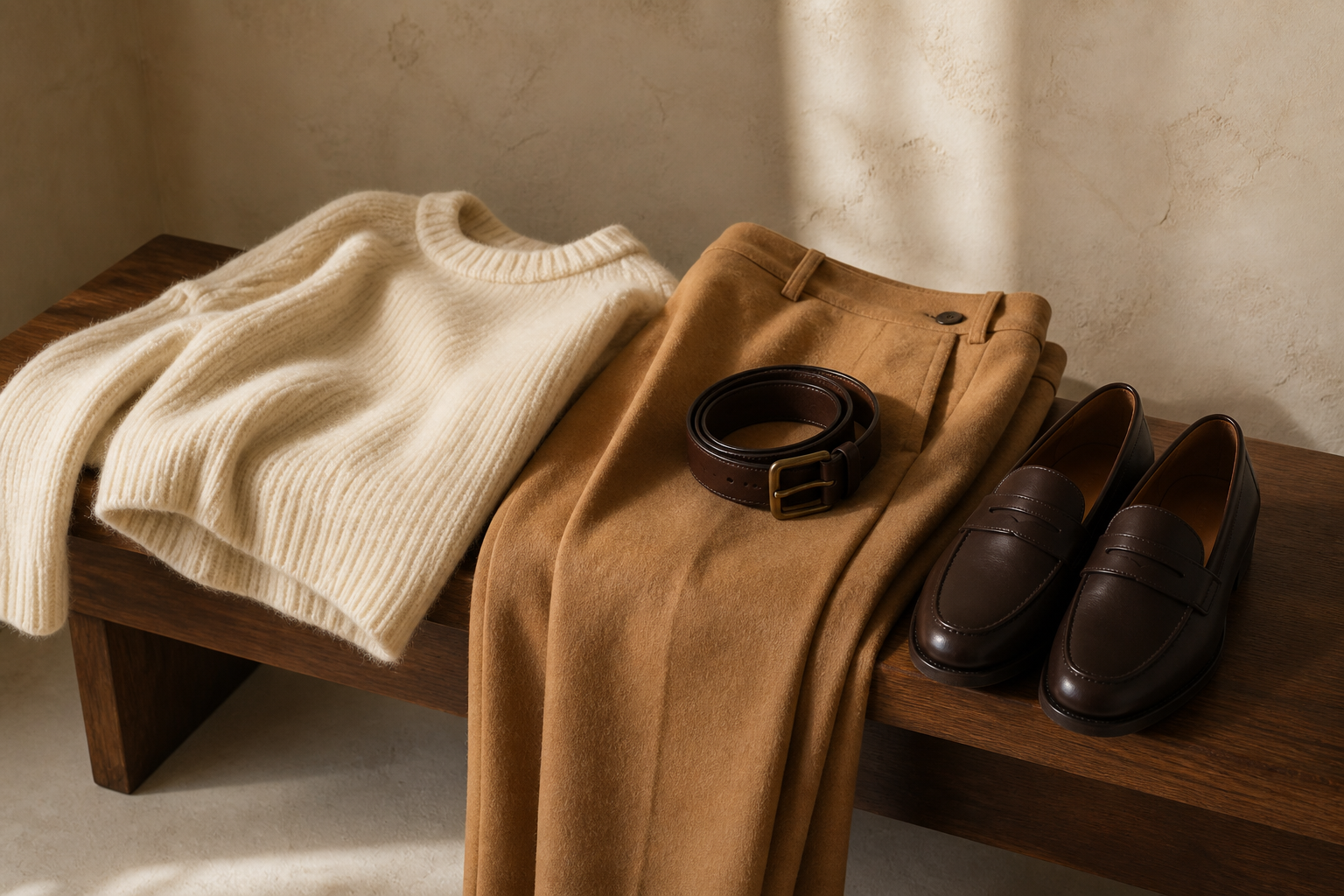 A distinct cream knit, camel trouser, and chocolate-brown belt and loafers arranged as a warm outfit combination.