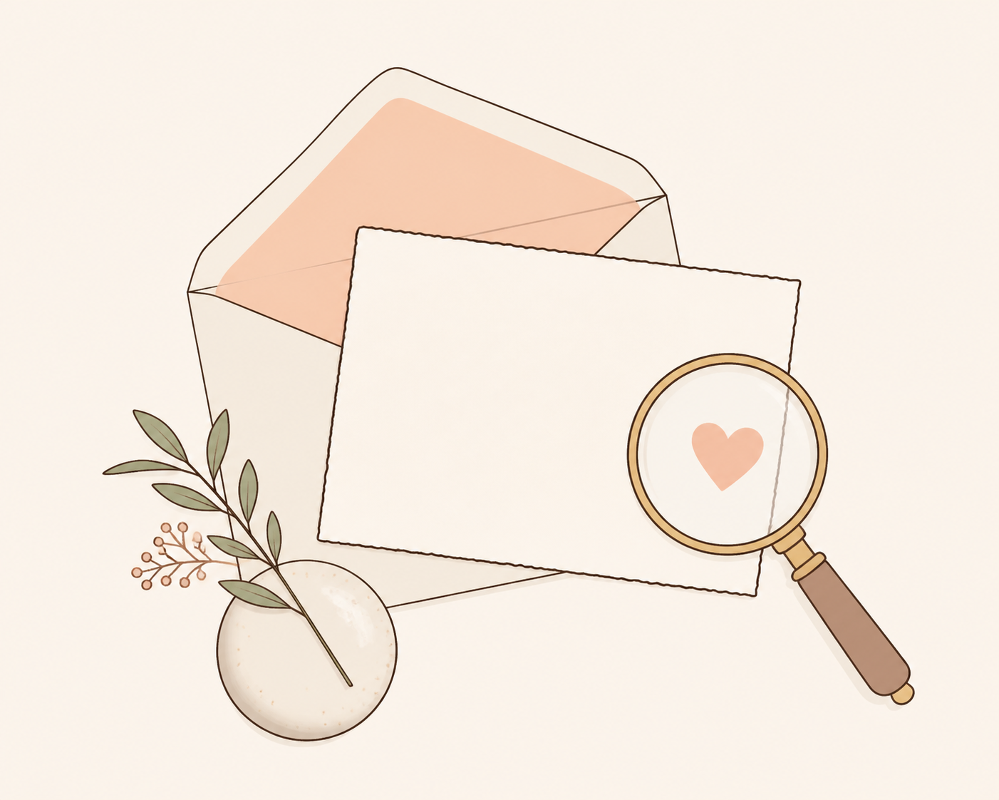 A cream envelope and note paired with a magnifying glass containing a small peach heart.