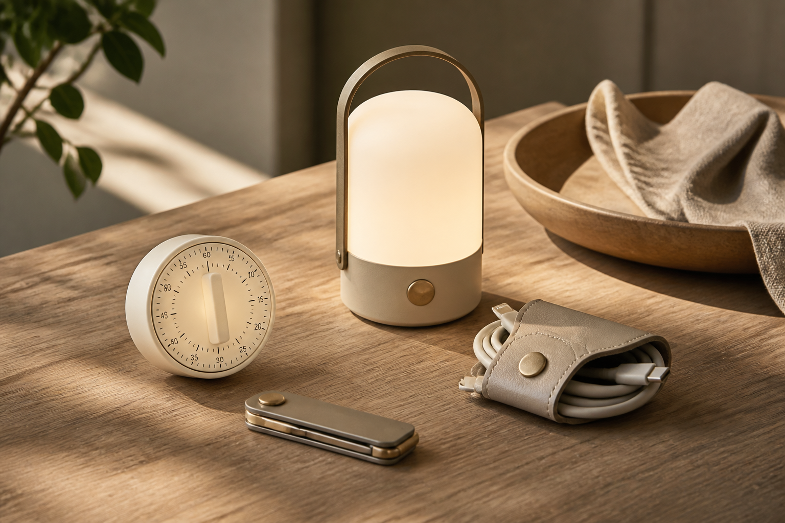Warm editorial still life of practical unbranded smart-living objects on a wooden table.