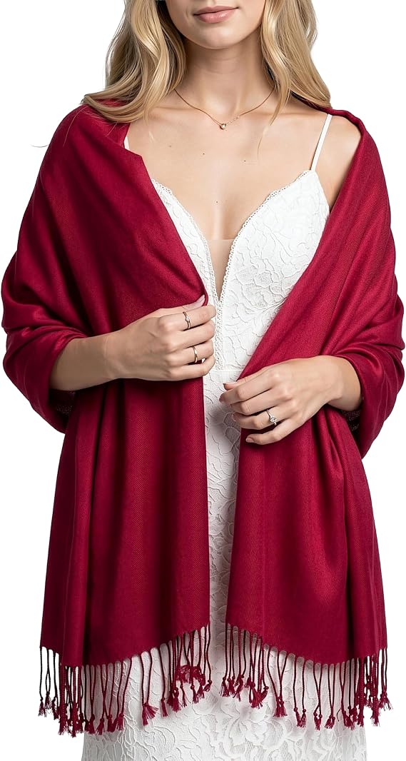 Burgundy Achillea lightweight pashmina scarf with fringe.