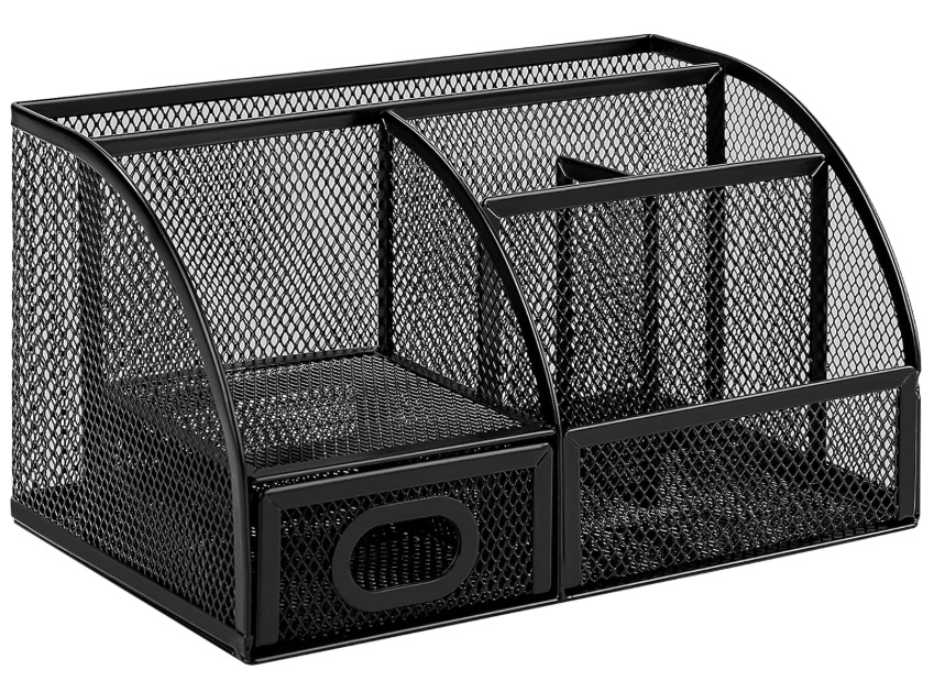 Black mesh Amazon Basics desktop organizer with compartments for pens, notes, and small supplies.
