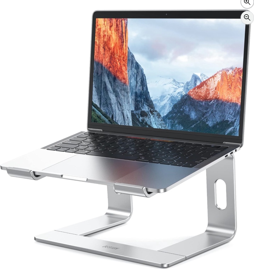 Silver BESIGN aluminum laptop stand supporting an open laptop.