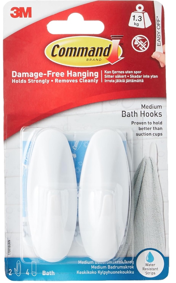 White Command medium bath hooks shown in their retail packaging.