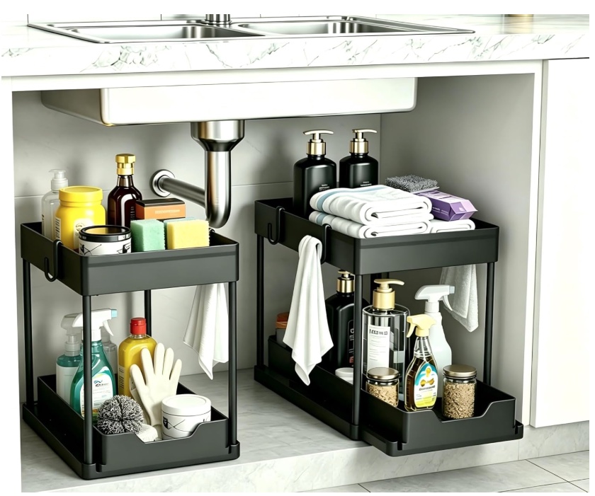Black two-tier DEKAVA pull-out organizers used beneath a kitchen sink.