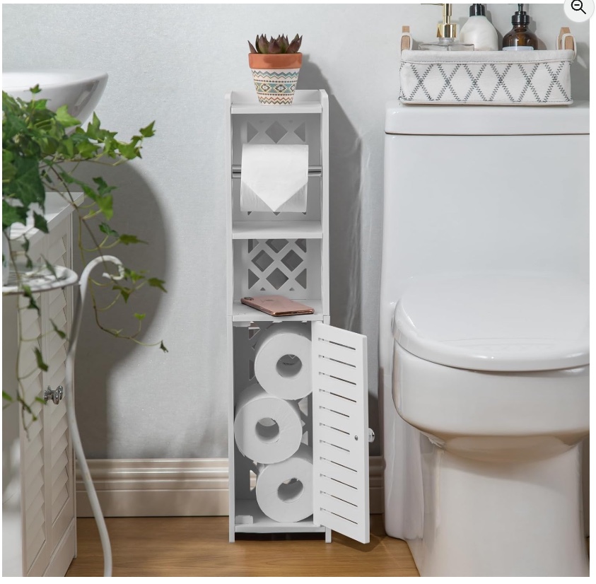 White slim bathroom storage cabinet beside a toilet, holding toilet paper and bathroom supplies.