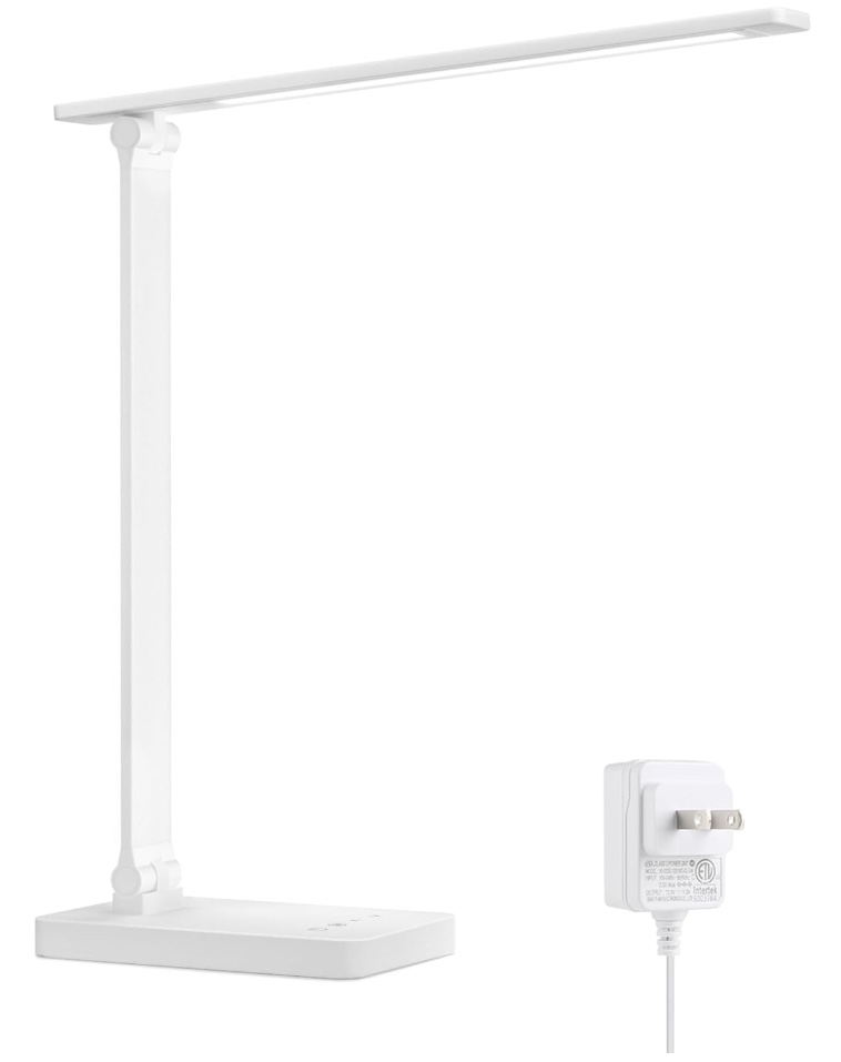 White Lepro LED desk lamp with a slim adjustable light bar and power adapter.