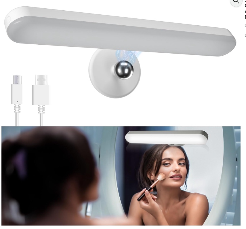 White rechargeable stick-on vanity light shown above a bathroom mirror.