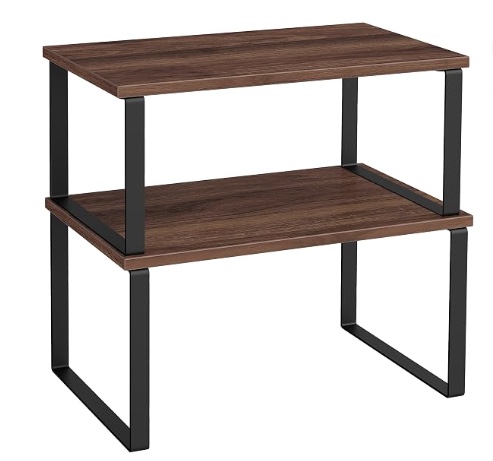 Brown wood-look SONGMICS cabinet organizer shelf with black metal legs.