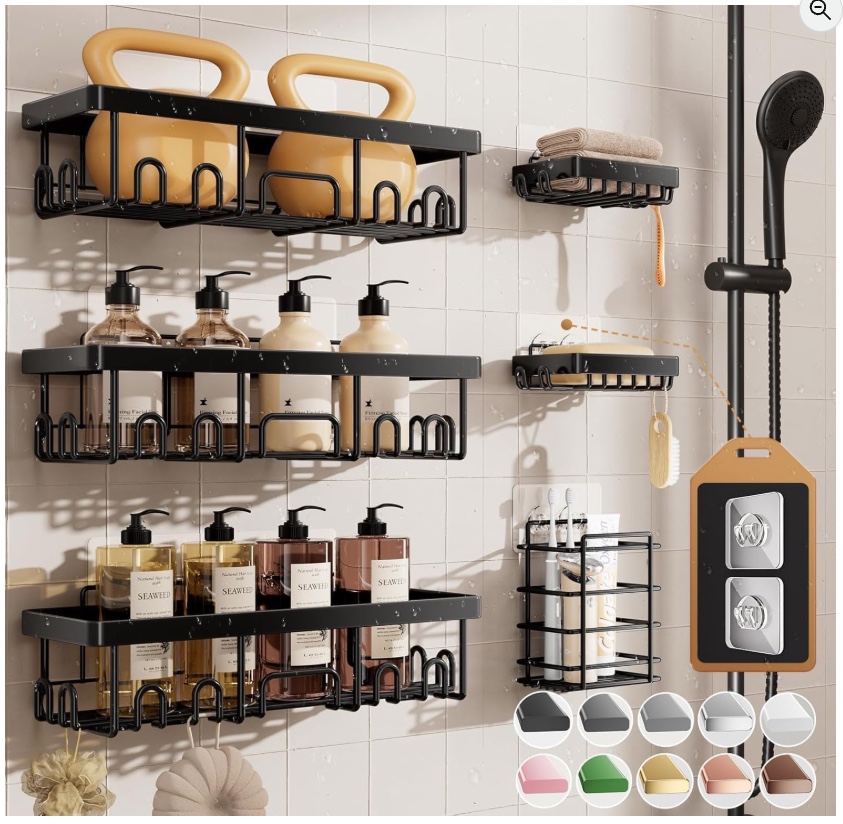 Black Veken shower caddy shelves holding bottles and shower essentials on a tiled wall.