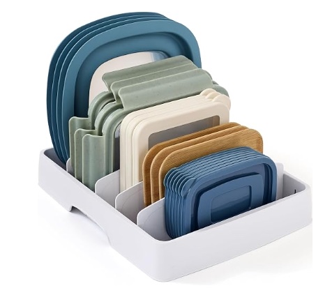 White YouCopia food-container lid organizer holding blue, green, cream, and tan lids upright.